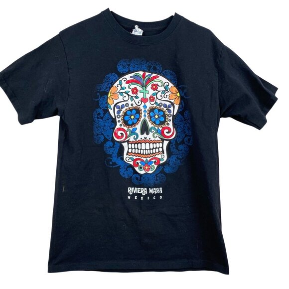 Yazbek Men's Graphic T-Shirt Medium Black Sugar Skull Riviera Maya Mexico - Picture 1 of 9